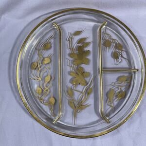 Vintage Clear Glass Divided Dish With Gold Trim & Gold Leaves Decoration